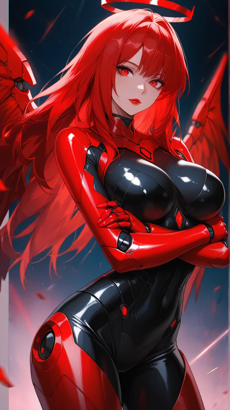 masterpiece, best quality, illustration, ultradetailed, cowboy shot, 1woman, Hassaku, redhead, red eyes, detailed eyes, futuristic anarchist cyberpunk black and red clothing, futuristic anarchist cyberpunk armor, X shaped mecha wings, black line skirt with red accents, long hair, very fat large breasts, very fat thick thighs, hour glass shape hips, exposed arms, exposed belly, exposed skin, black thigh highs with red accents, cleavage, futuristic anarchist cyberpunk black and red fox ear headphones, Hair ornament, embarrassed, standing, bedroom, bed, dominant black color with red accents