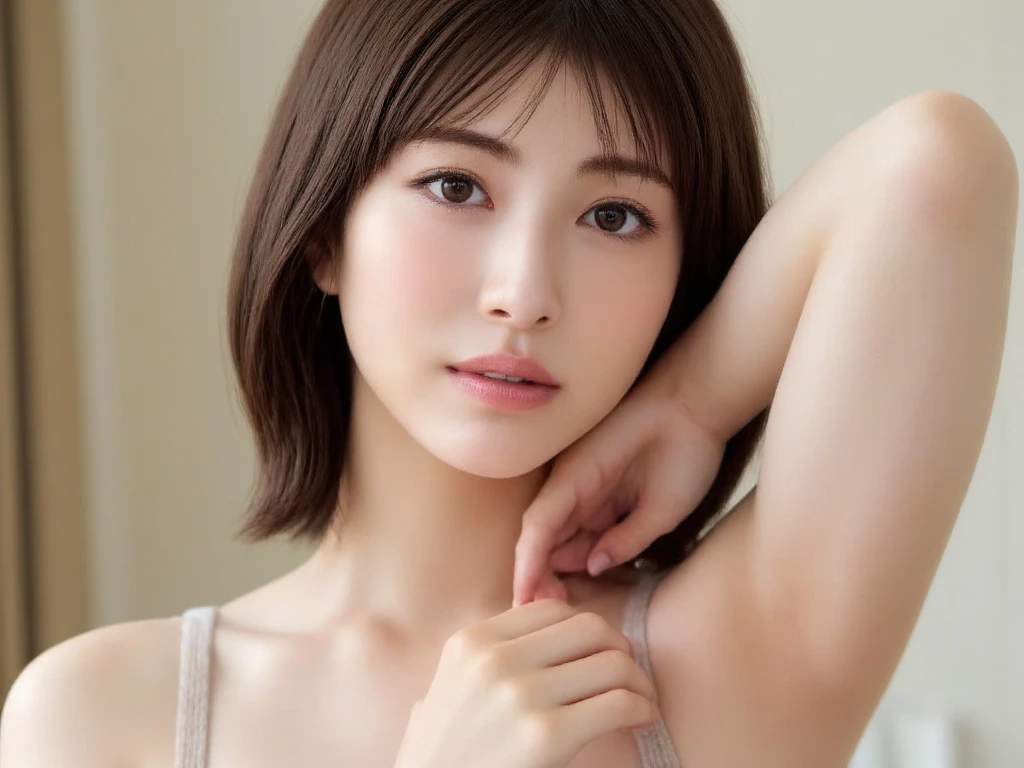 (Masseter muscle part:1.3)、(In 8K、Photoreal、Raw photo、highest quality: 1.4)、(1 girl)、beautiful face、(lifelike face)、(brown hair、short hair:1.1)、beautiful hairstyle、realistic eyes、beautiful details、(skin that looks real)、beautiful skin、Tank top、attractive、Super high resolution、surreal、high detail、golden ratio、Around 30 years old、leaning forward、I can see your chest、Sexy、raise both hands、show your armpits