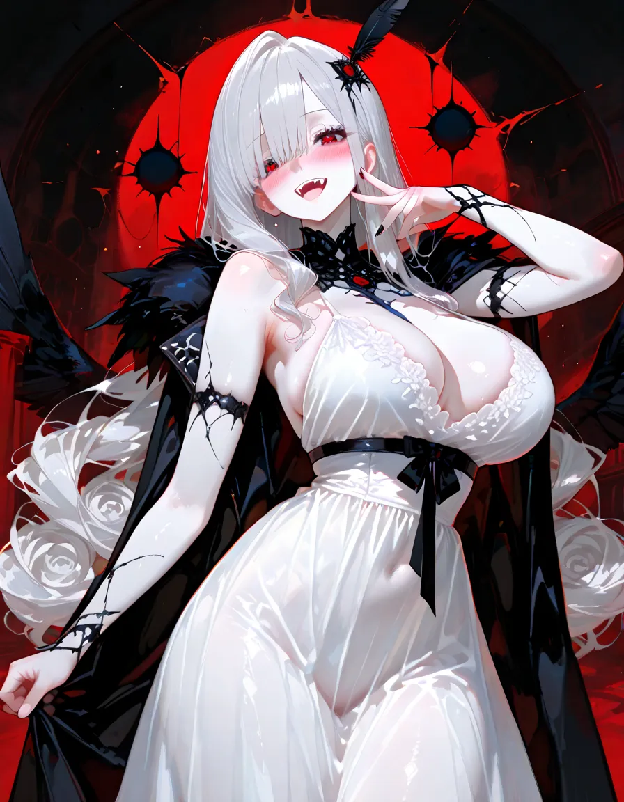 1girll,In the daytime,White dragon horn,Light,divino,Gorgeous lace lingerie,huge tit,blacksilk,Reveals lace panties,Lift the skirt,Fine details,Color gas,Big background,Long white hair,red color eyes,Chest exposed
