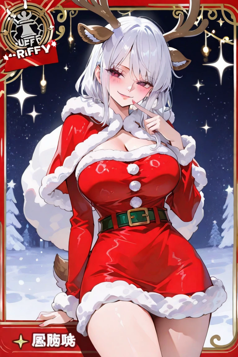 <lora:biwa_hayahide_locon_0.99:0.7>,biwa hayahide \(umamusume\),horse ears,glasses,santa hat,christmas_dress,blush,smile,closed mouth,happy,huge breasts,cleavage,arms behind back,bent over,pov,tight,white_thighhighs,cowboy shot,outdoors,night,snow,cloudy sky home,christmas,star,high quality, alternate costume, clear skin, (masterpiece, best quality, ultra detailed, detailed background, complex background), (perfect face, detailed face), perfect anatomy,{highres}