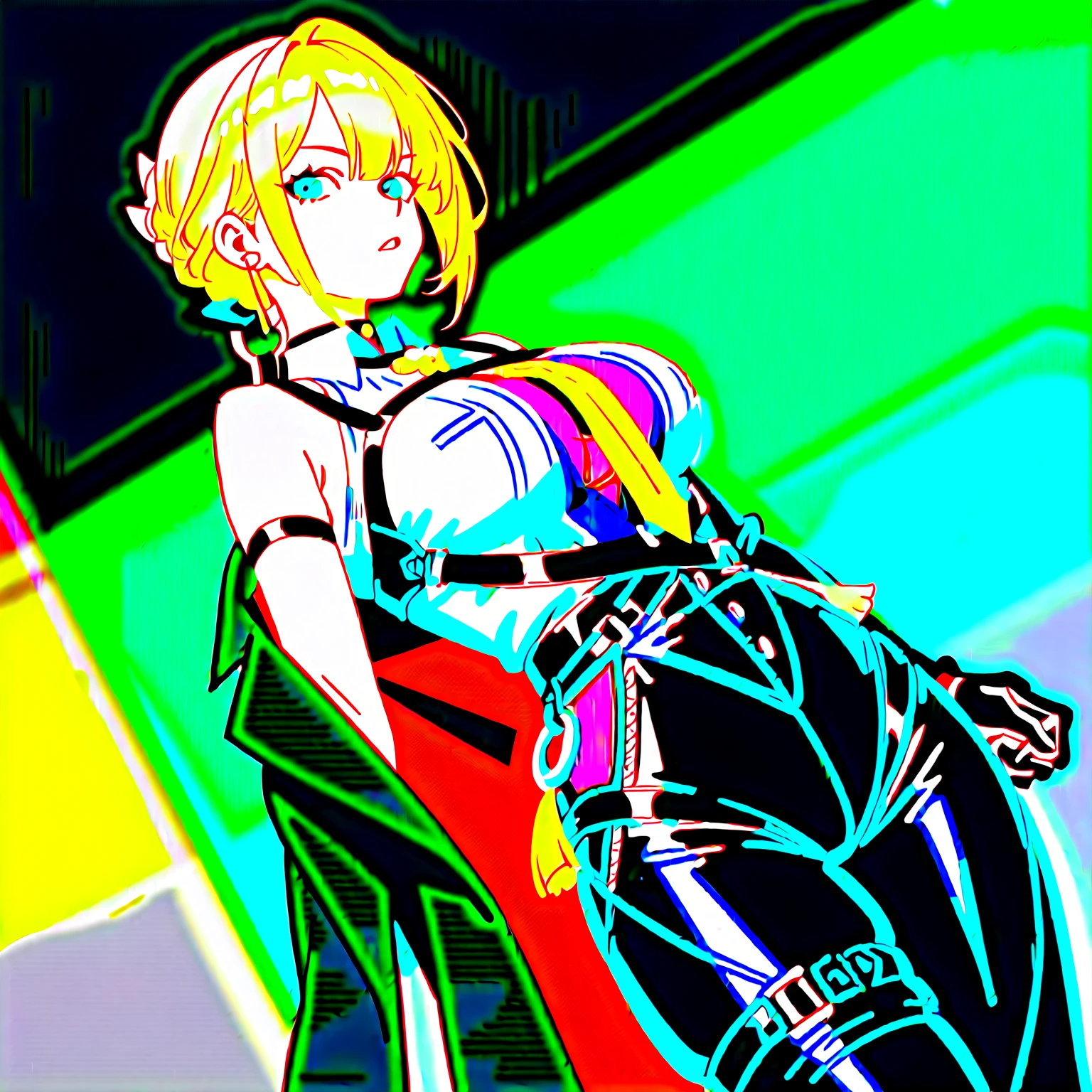 masterpiece, color photo of slim supermodel (swedish) woman, sexy, cyberpunk, long hair, racing suit, latex, (((unbuttoned outfit))), ((open top)), small breasts, ((tight shirt)), looking at viewer, nikon 85mm, alone, single, neotokyo, outside, night, street, motorcycles, high tech, the future, soft light, centered, volumetric lighting, bomber jacket, ligne claire, flat color, chromatic aberration, high contrast, limited palette