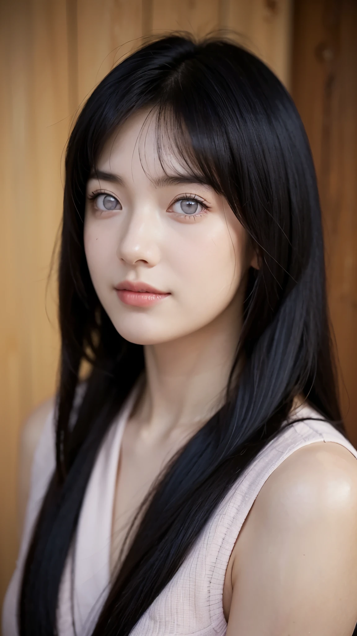 "Create a hyper-realistic portrait of a beautiful young woman inspired by Hyuga Hinata from Naruto Shippuden, reimagined as if she exists in the real world. She has fair, flawless skin, long dark indigo hair with soft waves, and distinctive pale lavender eyes without pupils. Her expression is gentle and serene, with a slight, shy smile that radiates warmth. She wears a modern, subtly stylized version of her ninja outfit—light lavender and cream tones with soft textures. Include soft lighting that highlights her features, delicate eyelashes, and natural blush. The background should be softly blurred to focus on her face. Capture her calm, kind aura with incredible detail—skin texture, hair strands, and reflections in her eyes."