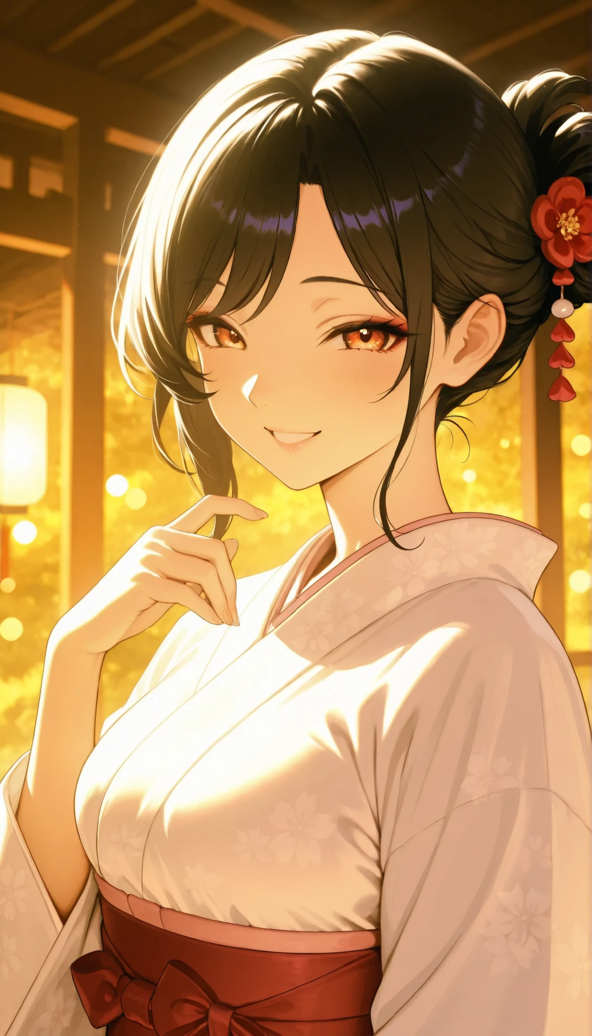 A beautiful Japanese woman in traditional Japanese clothing with a garden view in the background,Japanese hairstyle,smiling expression,Japanese woman in beautiful Japanese clothes with garden scenery in the background,Natural light and shadows,exquisite texture,Precise realism,4K Rendering,bokeh,Delicate Color,Deep depth ,traditional Japanese landscape,High quality digital painting