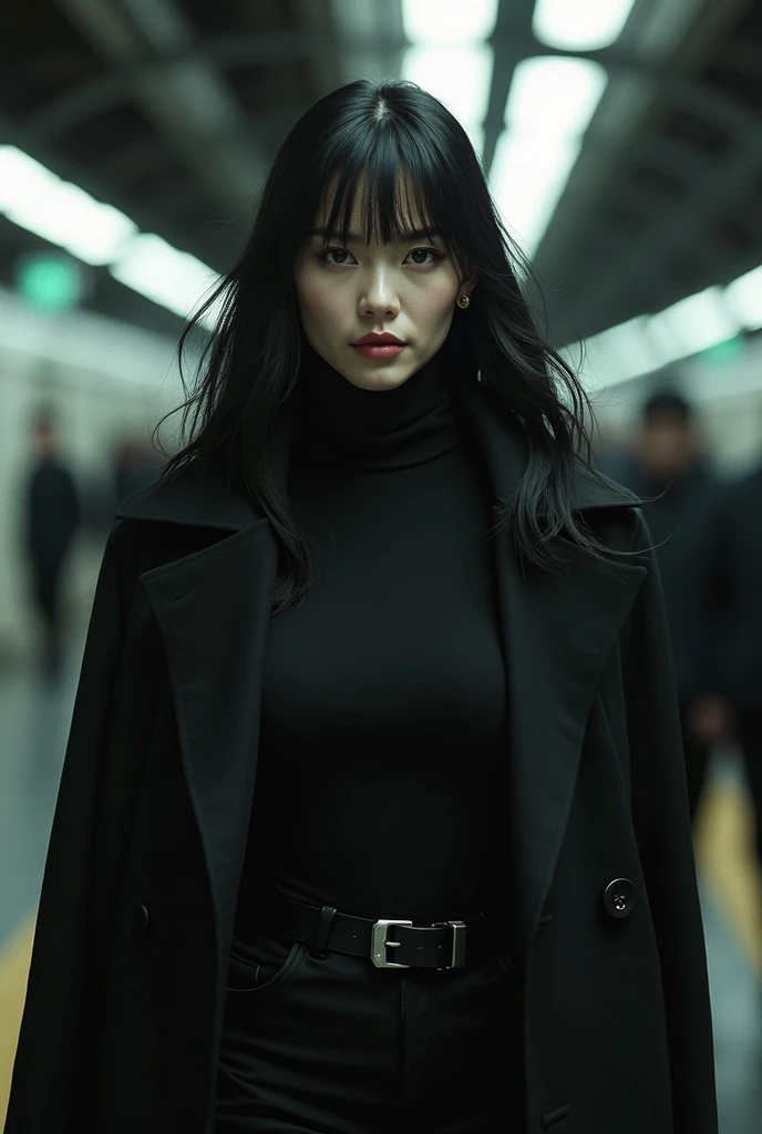 (Blunt bangs, Princess Bang))), (((Very heavy,Voluminous bangs:1.1))),(((very long, Very heavy,Very voluminous side locks:1.1))),, Hime cut, Straight bangs hairstyle, People with round faces and plain bangs, dull with long black hair、Bangs cut straight,))High Fashion Portrait, (Highest quality, detailed,masterpiece:1.2), Realistic, 1 person, Beautiful woman, Full Body Shot, Fashion Model, Dynamic pose, break small head, break (detailed buttocks, detailed legs, detailed body line, tight small breasts, Very small waist, Tight little ass, Beautiful muscular legs, Beautiful legs, Creates a sculptural beauty:1.2), Beautiful white, silky skin, A slim and beautiful neck, (Full Body Shot, Dynamic pose:1.2), break Opt for a sleek, (((Black Japanese style jacket, White long dress shirt,Black long skirt,Black boots,His hands are in his jacket pockets))) Accessorize with an abundance of statement jewelry, large silver hoop earrings, Style hair in a sleek, Architectural Upstyle,oversized hoop earrings, Sharp angles and a sleek finish give it a futuristic feel., break small head, detailed face, ((Full body photo))((Directly facing)))looking at the camera,masterpiece,Highest quality,8k,クレイジーなdetailed,複雑なdetailed,超detailed,super quality,High detail(((The hem of her skirt flutters in the wind as the subway passes by.,)))looking at the camera(Realistic、Realistic:1.37)、,Highest quality, figure, 超detailedな, finely, 完璧なダイナミックな構figure, ((Photographed inside a subway station,A train passes behind a female model,The female model is standing with her back to the train,女性モデルは画角の真ん中でlooking at the camera,The subway is blurry as it passes by.,Many other customers were standing behind the female model, facing the subway and waiting for the train.,女性モデルのみlooking at the camera)), Beautiful and fine details,Expressionless,, ,20 years old,Model body type,, ,Women are paying attention, Her face is beautiful and delicate,Showing an otherworldly beauty。,A female model standing in a pose on the subway,, Fashion Model,looking at the camera,masterpiece,My hair is blowing in the wind as the subway passes by,A bit backlit,The tip of her hair is visible,
