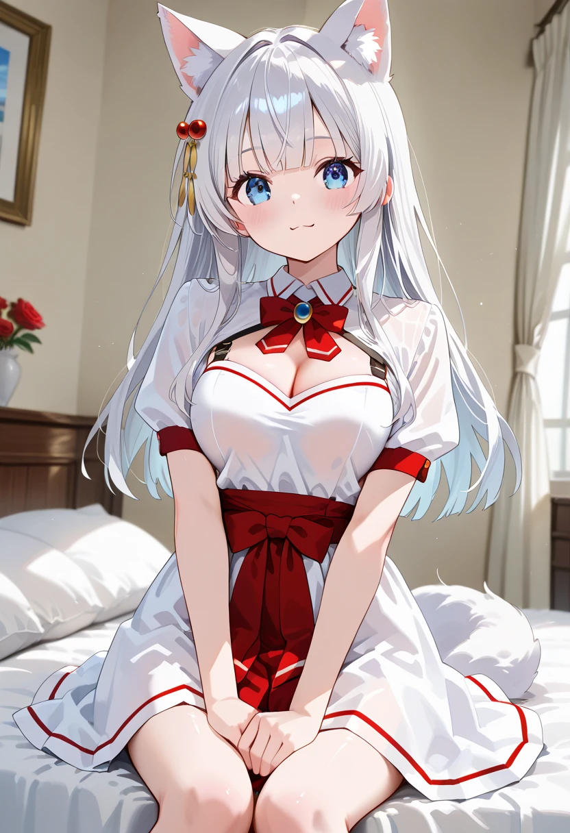 detailed， dense， masterpiece， A girl， Beautiful big breasts， Wearing a white cardigan， permanent，Standing by the bed，With blanket，  white hair， 16 years old， Light and smooth skin， Light skin， Shiny Hair， Clear eyes， Light&#39;s eyes，blue eyes， Light pink lips， （Audience looking down： 0. 8） Smile， Cheeks dyed red， Very shy， open mouth， By Bangs， White sleeves， White coat， A girl， soft skin，Large cleavage， Light skin， Light， Rich Light， room Lighting， Simple gold necklace， Diamond necklace， white lace bra， White lace， white lace underwear， High Angle， Low Angle， （masterpiece： 1.0）， （Practical： 1.6）， （Soft Focus： 1.5），black，