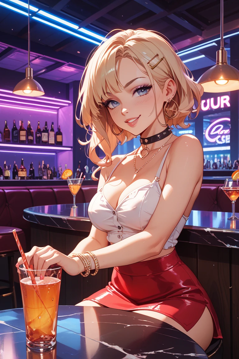girl at a nightclub sitting at bar, eyeliner (masterpiece) (best quality) (detailed) (8k) (HDR) (wallpaper) (cinematic lighting) (sharp focus) (intricate) blonde hair, biting lip, short hair, slutty outfit, sexy, blush, aroused, cleavage, shiny , wet skin, girl, dark makeup