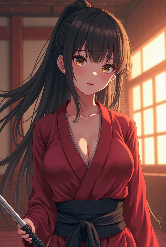 (masterpiece), best quality, expressive eye, perfect face, mature female, medium breasts, cleavage, long hair, (hair over one eye), very long hair, straight hair, black hair BREAK yellow eye BREAK Traditional japanese temple, shrine, indoors, daytime, sitting on floor, wariza, smile, closed mouth, relaxing, purple kimono BREAK 