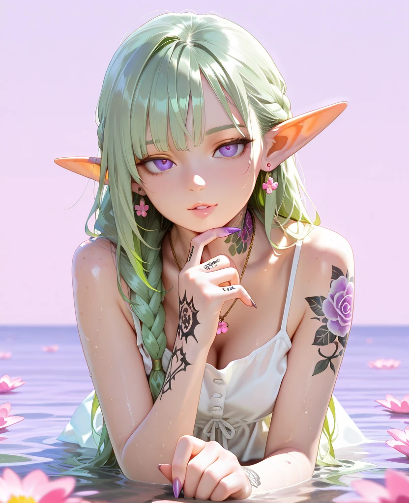((very short and plump ((dark-skinned Caribbean Moon Elf herbalist)) (very small breasted) beautiful with magical henna tattoos on arms and chest)), ((pastel babyblue wavy hair)), big and transparent tulle, (wearing ornate jeweled golden bracelets and anklets), sexy and seductive, great beauty, delicate and beautiful face, full body portrait, (big eyes with long eyelashes and glittery eyeshadow and big round nose), absolutely beautiful face, cute embarrassed smile, sitting on mountaintop basking in the nature of life, ((sunrise shining above hydrangea and cannabis flowers and cannabis tree forest mountaintop)), heavily tattooed, rolled herbal joints placed on gilded rolling tray with small tongs and mint leaves