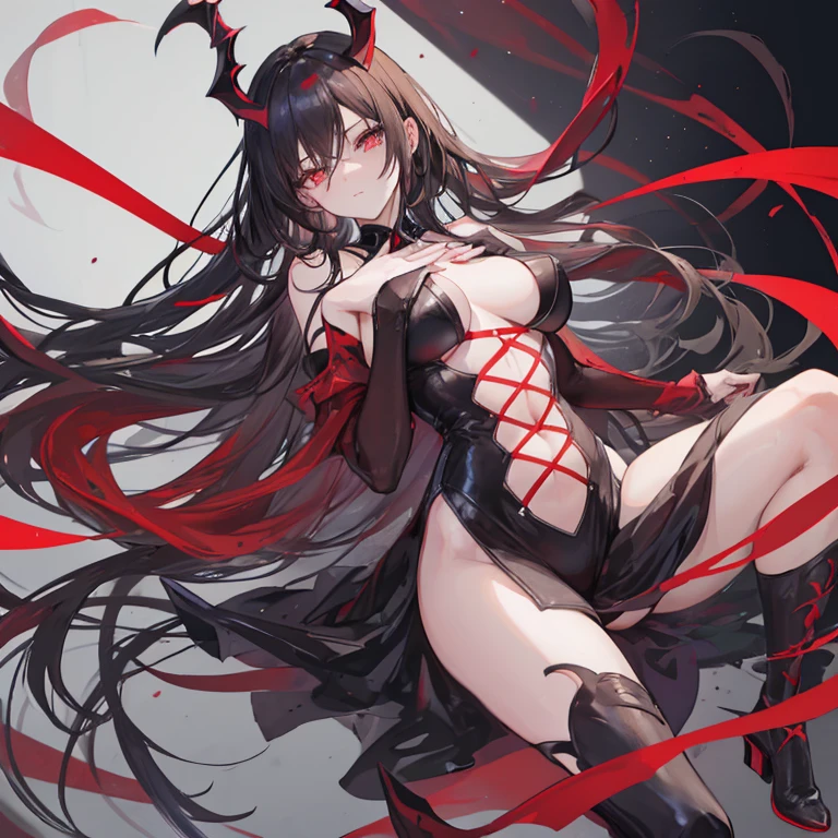 Exquisite eyes),(Clear and beautiful eyes:1.61),masterpiece, ung girl,(Black clothes and some red gems), Black long hair, (She has a huge red gem on her chest), Good Hand,((The Havoc of StarCraft)),full-body shot,Fighting Stance,(Red Eyes:1.466),short and small,(Very big breasts:1.35),(Pretty Face),(full-body shot:1.33),Beautiful hands