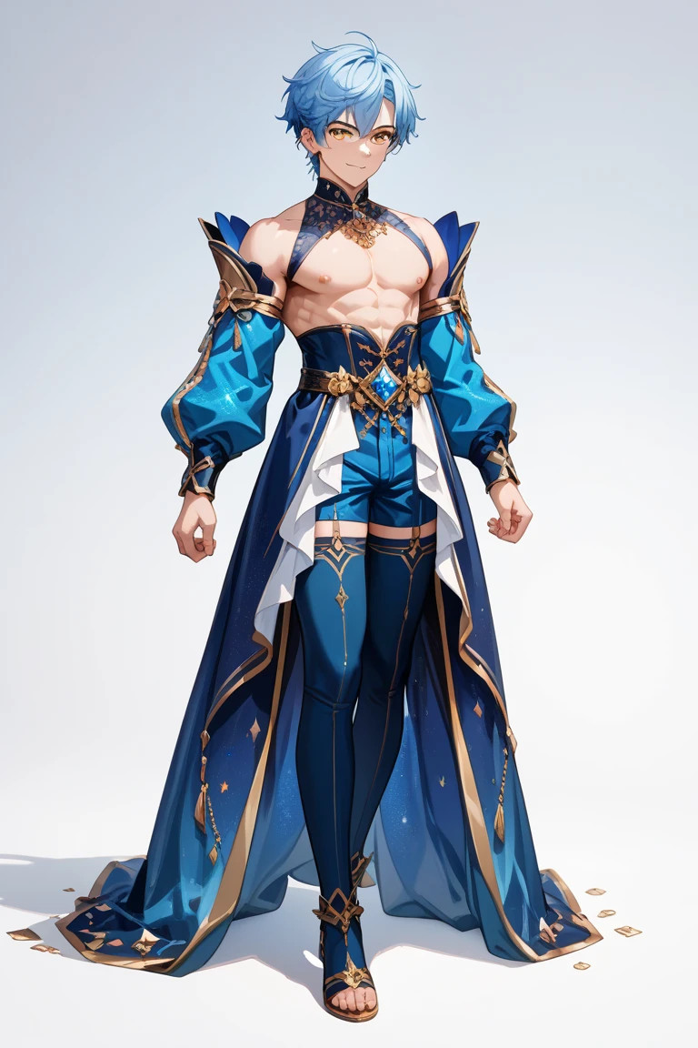 Sculpture design,Figures,GK model,(The whole body of the character),Expose muscles,(sexy for),(Exquisite base),The color of the clothes is gold,blue and violet,Transparent texture,Wu Yifan,Handsome cybernetic boy looking at camera lingerie detailed muscular reality masterpiece,musculous