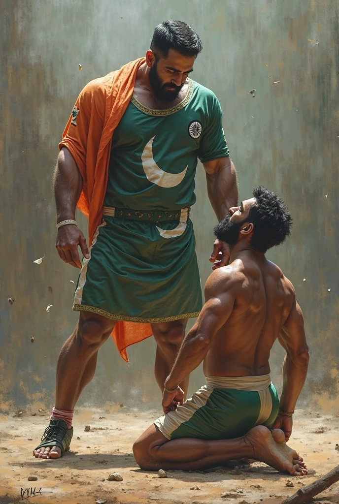 Big hairy bearded strong muscular Persian teacher standing in black underwear, teaching how to fight on a sandy terrain with white walls and a large tree in the background. Boys around watching.