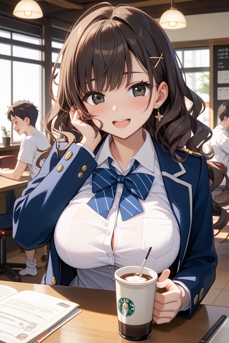 Unwind in a café, Warm and comfortable atmosphere,
Holding a spoon in his right hand、
He is holding a spoonful of pudding to his mouth、
With a big smile、Sitting comfortably in a chair、
looking at viewer,
(((Eating pudding))),((1girl)),sexy body,(((Perfect hands,Perfect Anatomy))),(masterpiece:1.1), (best quality:1.1), ((Beautiful detailed eyes: 1.6)),smaller eyes,((Very detailed face,perfect face)),NSFW,
long hair, single side bun, hair ribbon, neck ribbon, , white shirt, yellow cardigan, open clothes, long sleeves, plaid skirt, grey skirt, pleated skirt