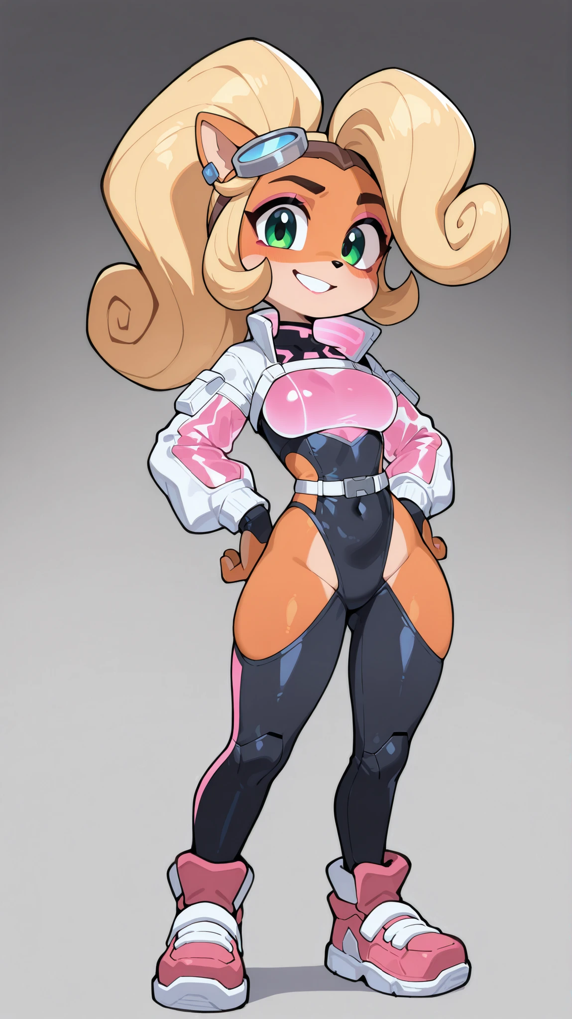 Masterpiece, best quality, solo, 1girl, chibi coco bandicoot, orange skin, she happy, yellow hair, wearing cyberpunk detailed electronic bodysuit with hips cutout, she in deep laboratory