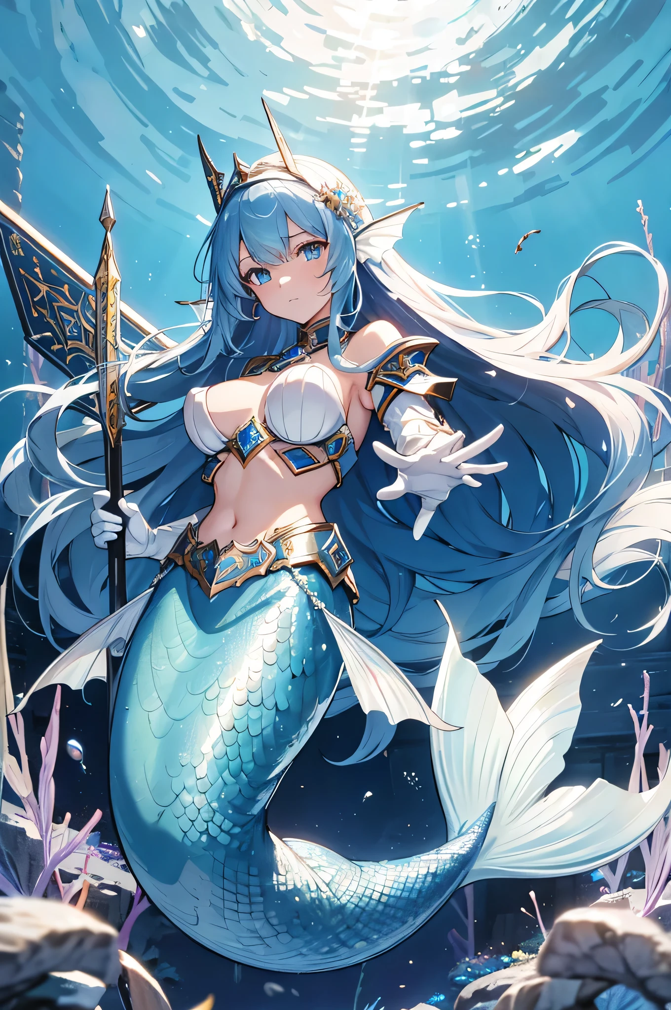 4k,High resolution,One Woman,mermaid,Green Hair,long hair,Braid,Blue Eyes,Big Breasts,The Little Mermaid,Princess Knight,knight armor,Full Armor,Princess Tiara,Jewelry decoration,Pearl decoration,gun,In the water,Undersea Temple