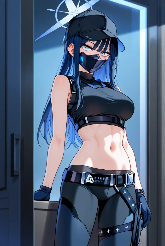 Sexy woman, black sports bra, baggy sweatpants, walking around hallway, full body, lifting shirt, showing bra