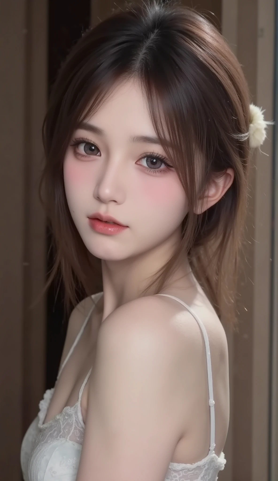 beauties， Long dark hair ，Fujiang hairstyle，Wear JK，Looking condescendingly at the camera微勾唇角，The background is full of graffiti and small alleys，Dark，The character's back is against the wall，Looking condescendingly at the camera，Royal sister，A ray of light falls on the top of the head，The hair is delicate and shiny，Chen Yifei style