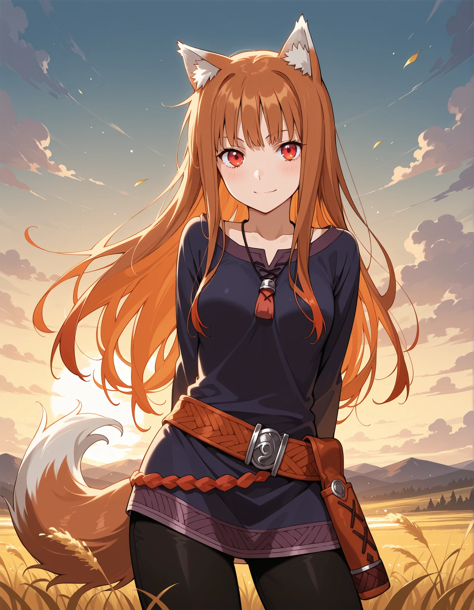 masterpiece, best quality, very aesthetic, 1girl,, holo, 1girl, wolf ears, long hair, solo, red eyes, ginger hair, wolf tail,