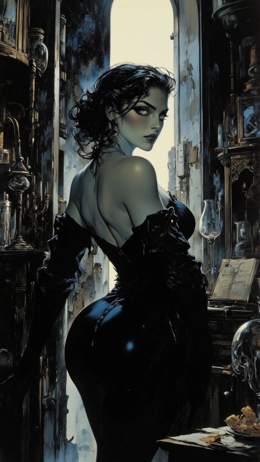 the sexy girl in the house of magic, between shadows, oil painting, chiaroscuro, dramatic lighting, moody atmosphere, photorealistic, intricate details, masterpiece, ultra-detailed, high quality, 8k, best quality, realistic, cinematic, dark and brooding, expressionistic, powerful composition, emotional impact, Bill Sienkiewicz and Dave mcKean inspired art