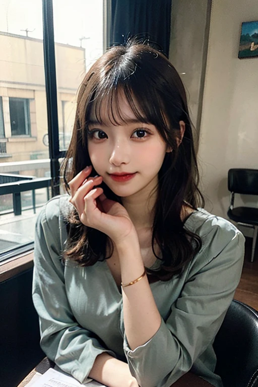 on the table, best quality, shape, Super detailed, Finely, high resolution, 8k wallpaper, 完璧なダイナミックな構shape, Beautiful and delicate eyes, Medium Length Hair, Small Breasts, Natural lipstick, Casual sexy pose,Smile,20 year old girl、midnight、Beautiful and detailed face、Perfect beautiful face,big eyes、original photo、Use the whole body to express female posture、Beautiful and delicate eyes、Small face、Beautiful duplex、Facelift and style,skirt、Beautiful golden ratio face,Long hair