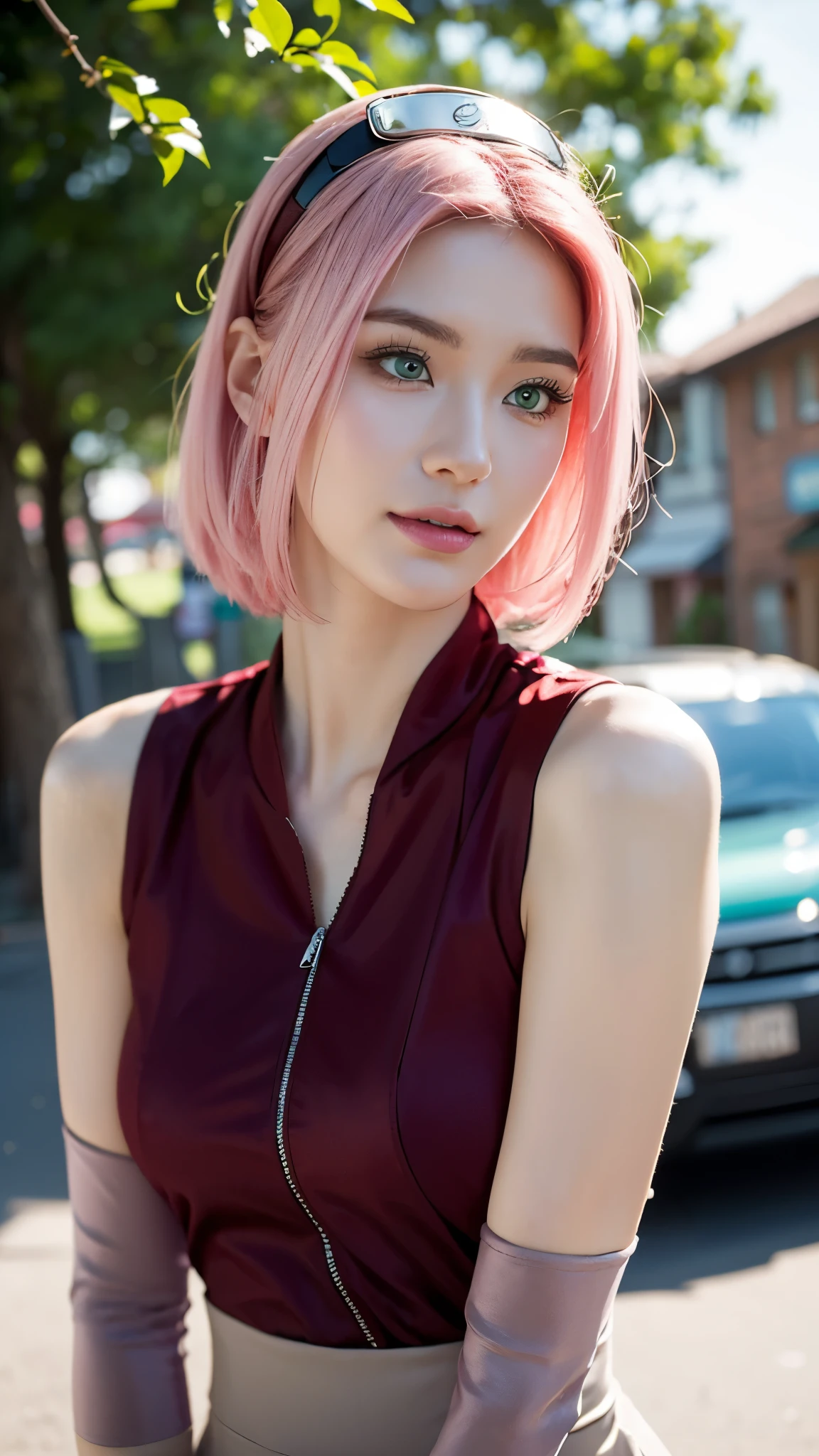 young woman, short shoulder-length pink hair, wide forehead, porcelain skin, pink eyebrows, big emerald green eyes, buttoned nose, full lips, heart-shaped face, slender body, small breasts, red tank top, Sakura Haruno , realistic, realism, details, 3d, well detailed