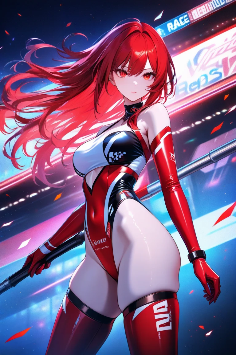 1girl, medium breasts, leotard, red leotard with blue accents, bare legs, boots, matching boots, bracelets, spins fast in place like a tornado, solo, single, standing, full body shot, cowboy shot, beautiful detailed eyes, blue eyes, mature lady, red hair, medium hair, superhero, time warp, outstretched arms, magic, rapid gyration, super spin, tornado spin