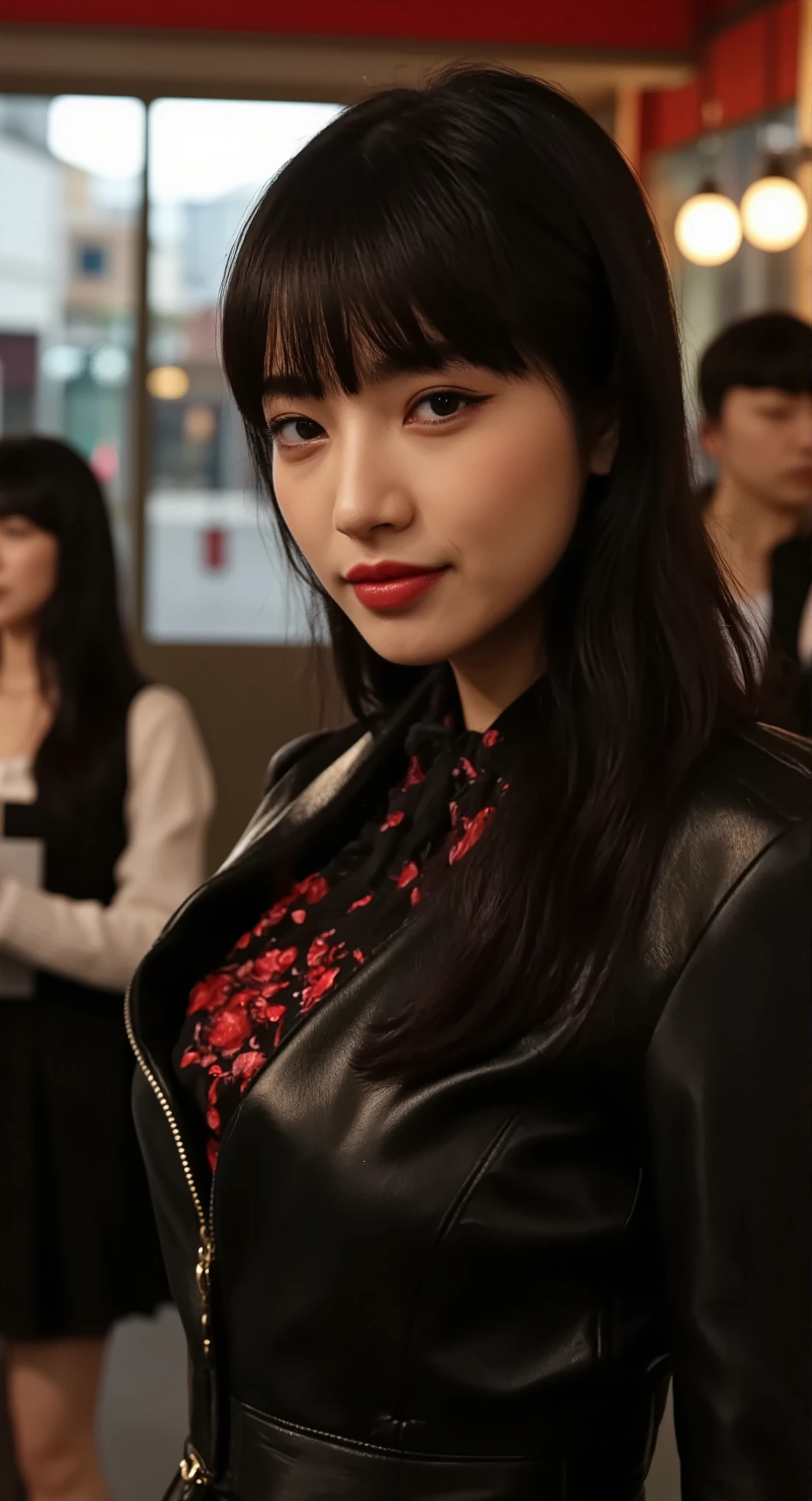 ((A mature adult woman wears a1Show me)),beautiful black hair,long hair, has bangs,ponytail,realistic person images,Realism,Best quality,mastepeice,Highest Quality,best quality,highest resolution,Fine Details,Beautiful detailed face,black eyes,realistic skin,( Exact Upper Body),Realismのある肌,smiles,(((((( oversized breasts)))))),(((Late Night Red Light District ))),(((Midnight Night Street))),outdoor,((((Wear a black leather suit)))),((((wear a leather suit with a red pattern))),(((zoom the upper body))),(((squinting))),(((narrow your eyes))),((((((super )))))),