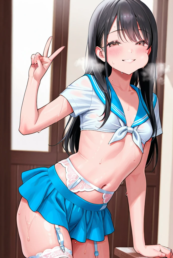 Kanzaki Aoi、Detailed Description、high resolution、One Girl、Small face、Thin legs、Small waist、Black Hair、long hair、Twin tails、Forehead、(blush)、Troubled face、(((White clothes wide open)))、((Nipples are visible))、belly button、White panties、Grabbing clothes