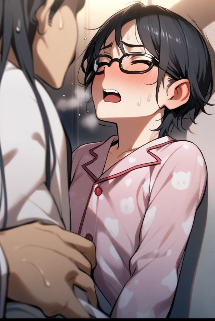 Erotic、Bedroom、naked、Glasses、A woman with a penis growing out of her crotch、semen、Sweat、、Troubled expression、Grab your dick