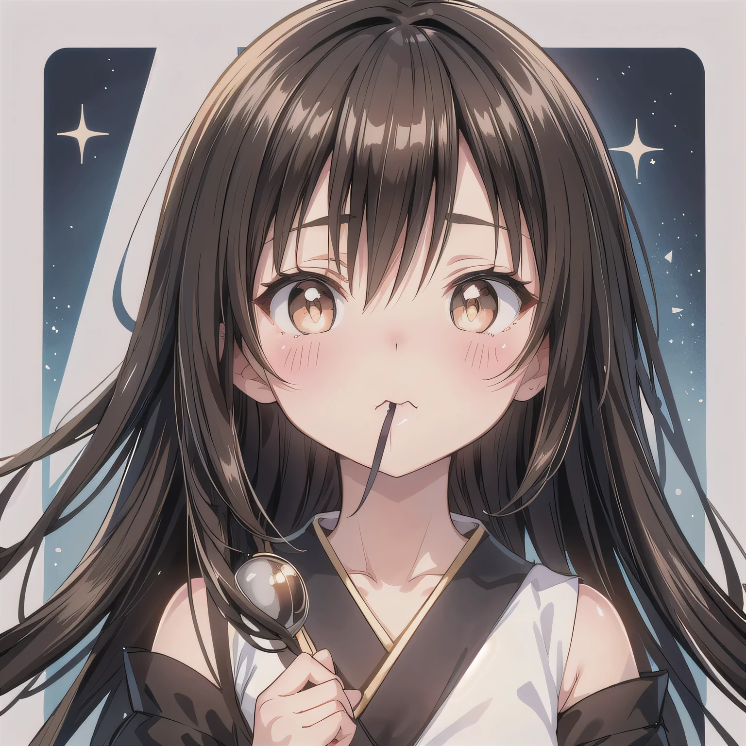 A Japanese anime-style chibi girl, 3-head-tall, super round body and head, deformed proportion, big sparkling eyes, small nose and mouth, cute and soft illustration, simplified color palette, masterpiece, her mouth is empty, nothing in her mouth, no objects around the mouth, not eating, not holding anything, natural facial expression. Dark hair, long hair, brown eyes.