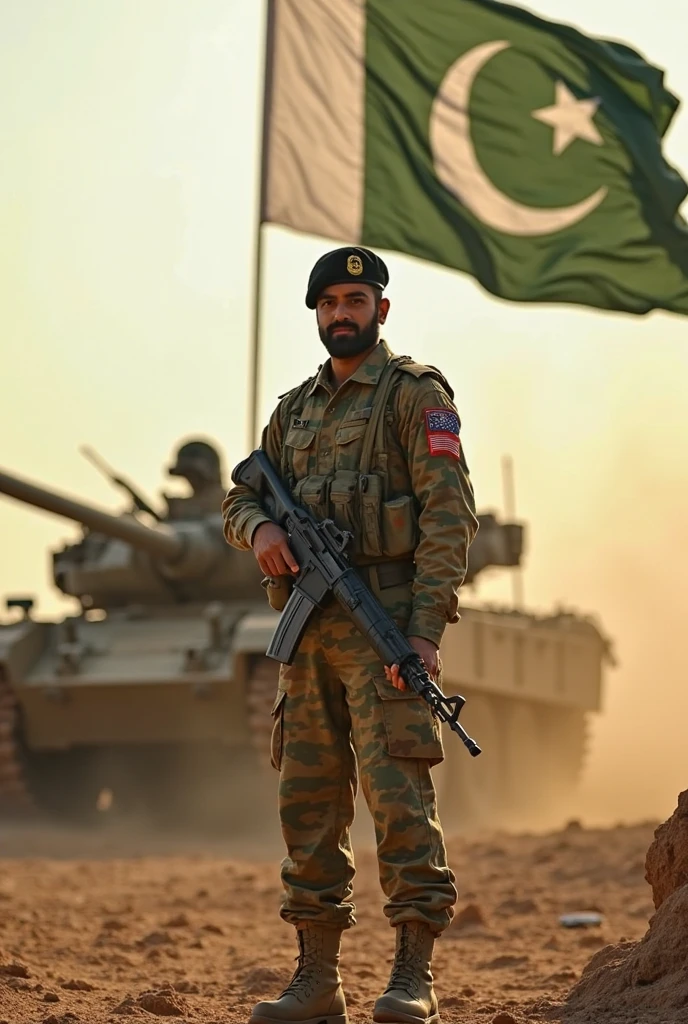 One man in Pakistani army clothes and with gun and Pakistani flag on Ralway