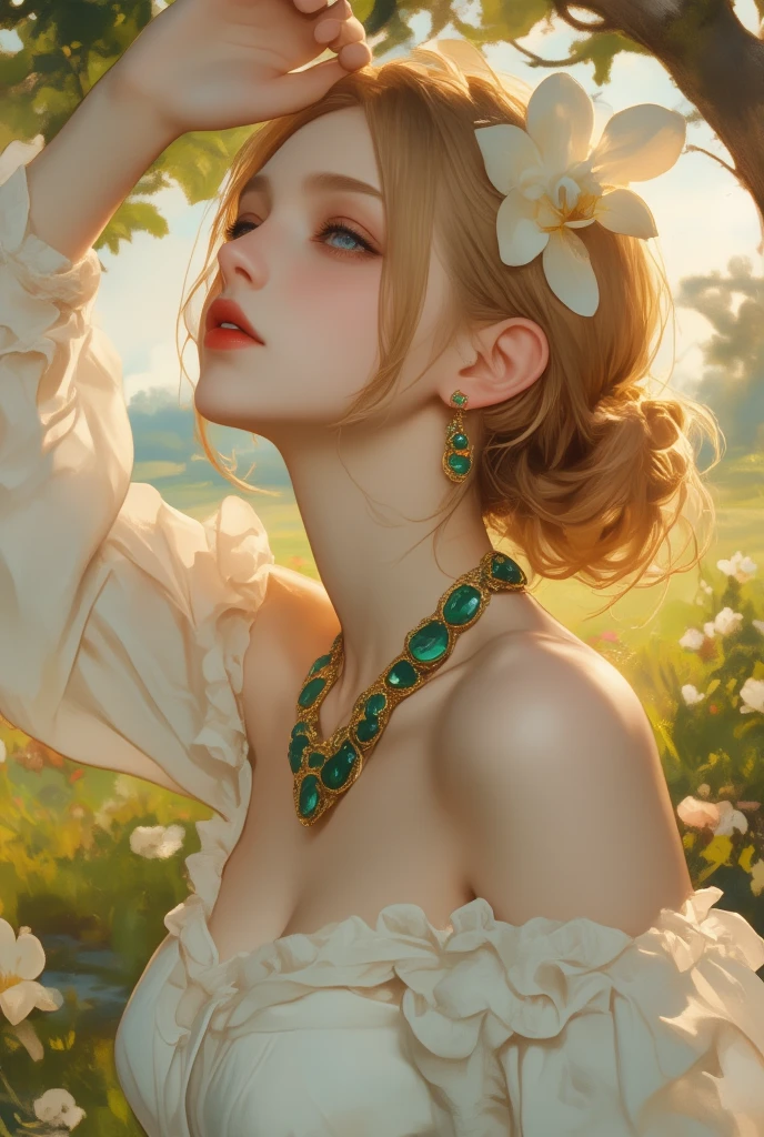 2D, Pastel colors, watercolor, Low color saturation,
Line Art, ((Inspired by Igor Kieryluk)),
1 Girl, Solitary, Long hair, Hair accessories, Long sleeve, skirt, Keep, Brown eyes, Jewelry, Shut up, Upper Body, Weaving, earrings, Artist Name, Pattern, Wide sleeves, necklace, plant, yellow 花,