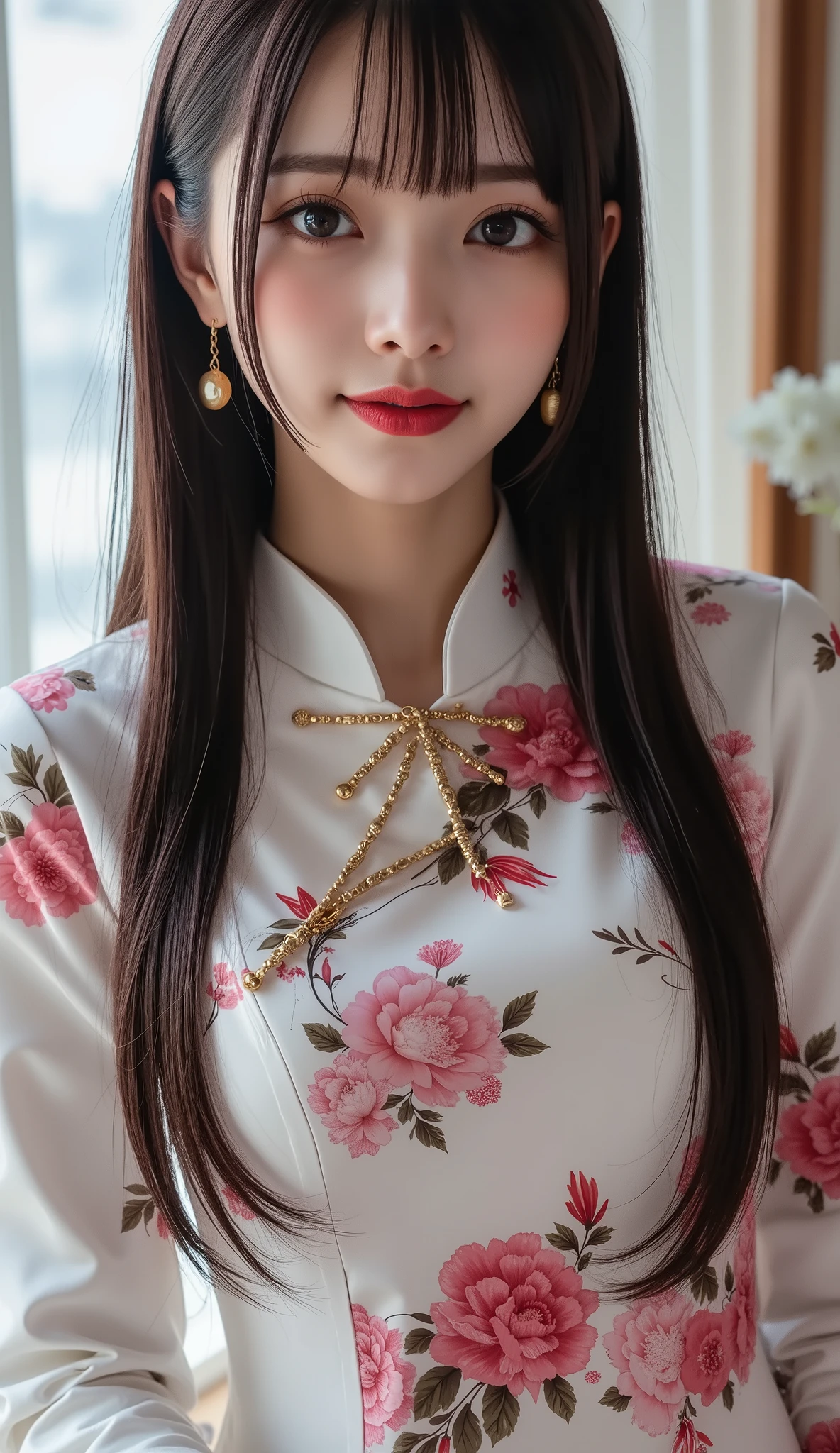 wearing perfect and realistic black pantyhose :1.6, sharp, sharp lines, cannon photography crystal clear , photorealistic, Chinese woman wearing Hanfu 、 Celebrity News Scaster 、(( Wears China Dress and Pantyhose :1.7)), Classy China Dress 、 Sophisticated China Dress , Long China Dress , ハイスリット Long China Dress:1.5 , gold earrings , red lips, long silky black hair , Perfect Bangs, eyeshadow , charming beauty , Long Black Eye Festival , black eyeliner , Seductive Young Skinny Woman 、 slender beauty 、 sharp eyes、 cool girl 、 red lipstick、 tight clothes , Thin and Thin Hour Glasses , Surprisingly Thin Hour Glass Body ,