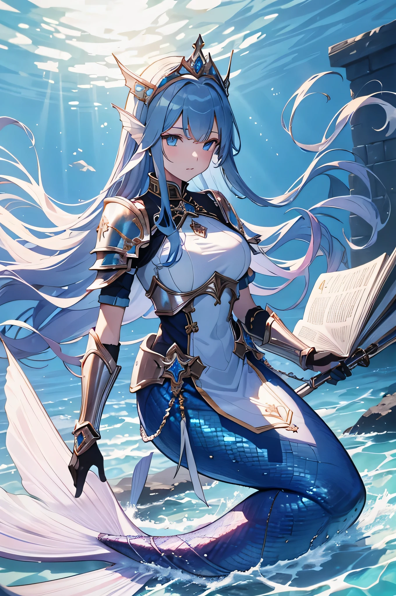 masterpiece, best quality, 1woman, adult, female focus, solo, long light blue hair, vibrant blue eyes, looking at viewer, closed mouth, bangs, Fantasy aesthetics, Highly detailed, shadowverse style, white dress, harp with water elemental power, elf ear