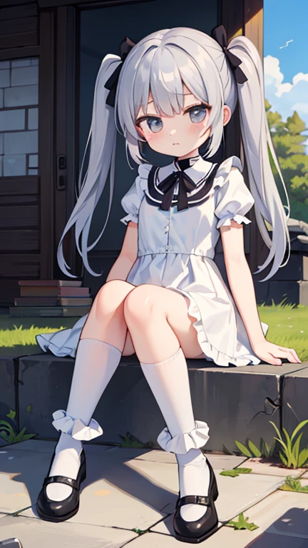 ((masterpiece,best quality)),1girl, solo,knees up, dress, short sleeves,barefoot, looking at viewer, grass, smile, white hair, puffy sleeves, outdoors, puffy short sleeves, bangs, on ground, full body, white dress, sunlight, dappled sunlight, day, depth of field ,wet