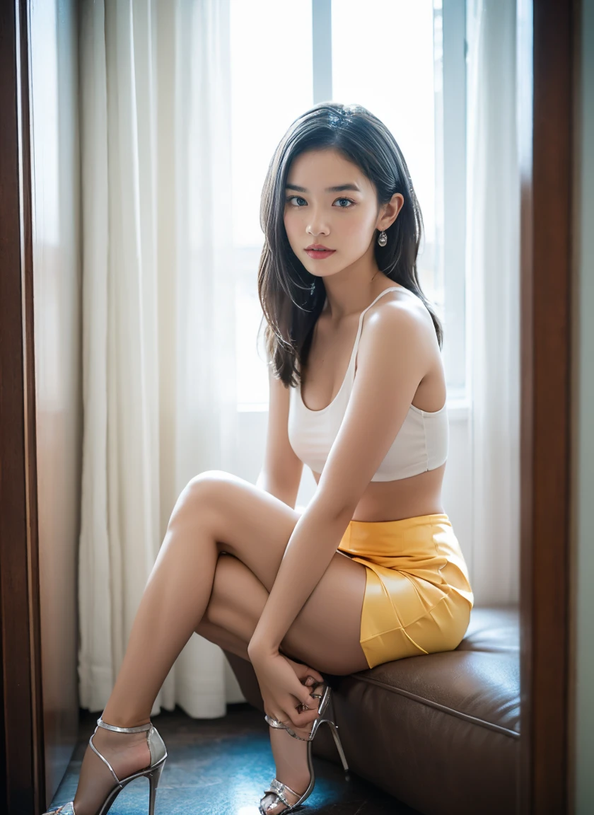 1 indian girl,sitting on a cozy couch,crossing legs,soft light, wearing shorts, bare shoulder