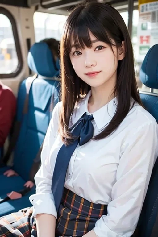 Highest quality, masterpiece, Ultra-high resolution, (reality: 1.4), Original photo, One Girl, mature, White JK Uniform, Smile, , Squatting on a train seat,  Cinema Lighting,Half an eye