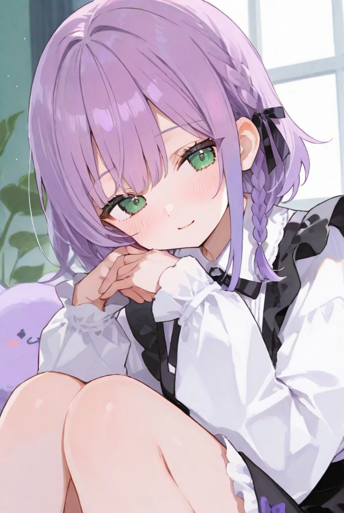 13 year old teenager urinating on the grass, purple hair, green eyes, shy face, blushing, panting, crotch visible