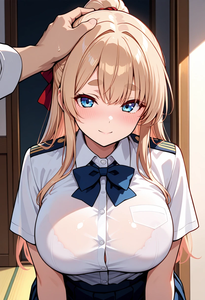 (((Uniform torn and nipples exposed)))、((bra very))、((((feel shy))))、((a blond))、beautiful Girl、Large beautiful breasts、cleavage of the breast、A slender、オマンコ、(((((shyly seduce)))))、(((痴女)))、((sexually seducing))、((Inside the bustling city))、((smil))