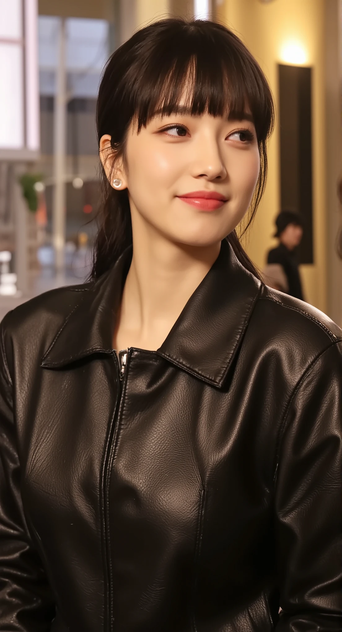 ((A mature adult woman wears a1Show me)),beautiful black hair,long hair, has bangs,ponytail,realistic person images,Realism,Best quality,mastepeice,Highest Quality,best quality,highest resolution,Fine Details,Beautiful detailed face,black eyes,realistic skin,( Exact Upper Body),Realismのある肌,smiles,(((((( oversized breasts)))))),(((Late Night Red Light District ))),(((Midnight Night Street))),outdoor,((((Wear a black leather suit)))),((((wear a leather suit with a red pattern))),(((zoom the upper body))),(((squinting))),(((narrow your eyes))),((((((super )))))),