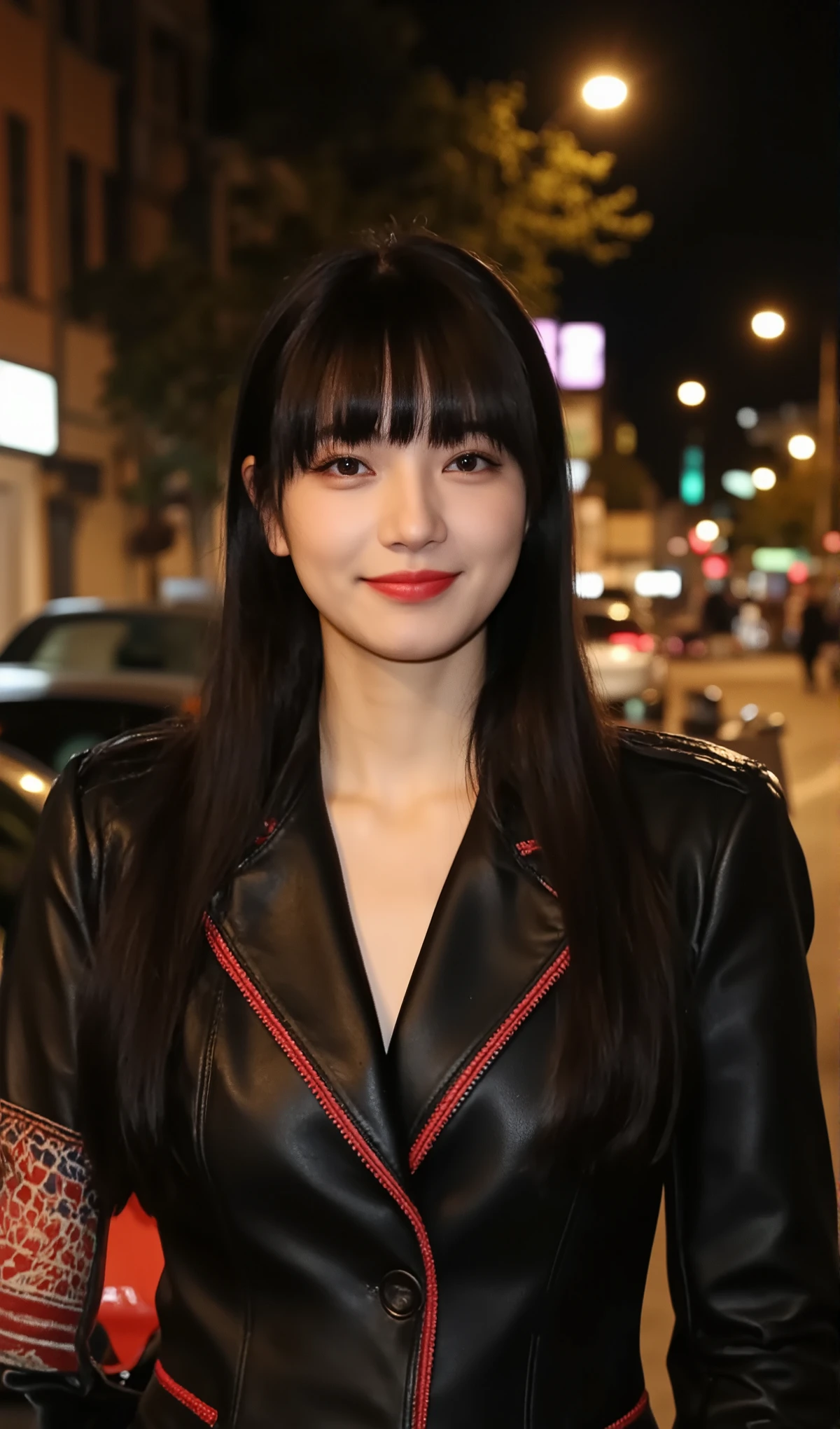 ((A mature adult woman wears a1Show me)),beautiful black hair,long hair, has bangs,ponytail,realistic person images,Realism,Best quality,mastepeice,Highest Quality,best quality,highest resolution,Fine Details,Beautiful detailed face,black eyes,realistic skin,( Exact Upper Body),Realismのある肌,smiles,(((((( oversized breasts)))))),(((Late Night Red Light District ))),(((Midnight Night Street))),outdoor,((((Wear a black leather suit)))),((((wear a leather suit with a red pattern))),(((zoom the upper body))),(((squinting))),(((narrow your eyes))),((((((super )))))),