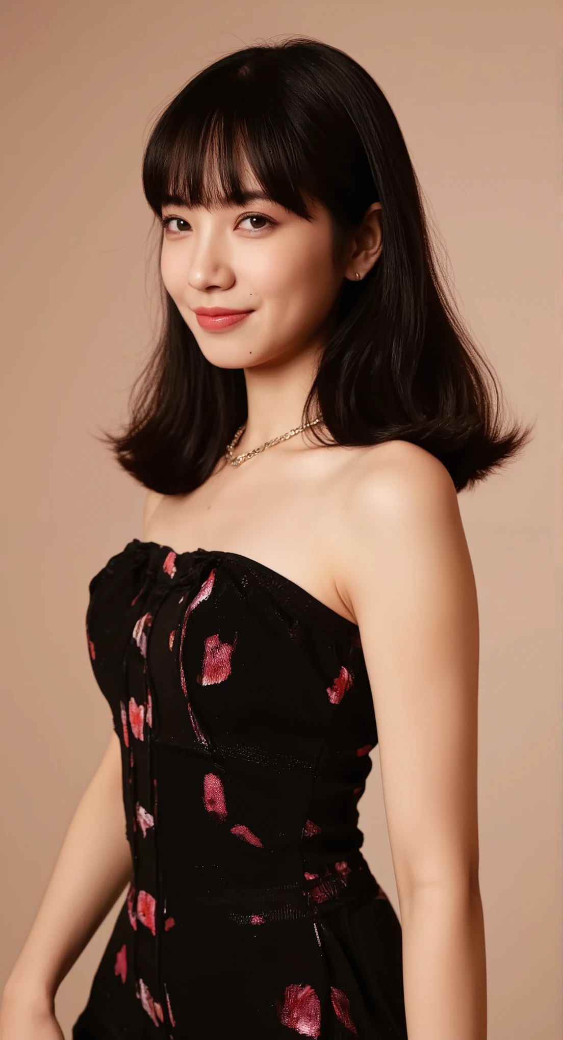 ((A mature adult woman wears a1Show me)),beautiful black hair,long hair, has bangs,ponytail,realistic person images,Realism,Best quality,mastepeice,Highest Quality,best quality,highest resolution,Fine Details,Beautiful detailed face,black eyes,realistic skin,( Exact Upper Body),Realismのある肌,smiles,(((((( oversized breasts)))))),(((Late Night Red Light District ))),(((Midnight Night Street))),outdoor,((((black bike suit)))),((((wears a bike suit with a red pattern))),(((zoom the upper body))),(((squinting))),(((narrow your eyes))),((((((super )))))),