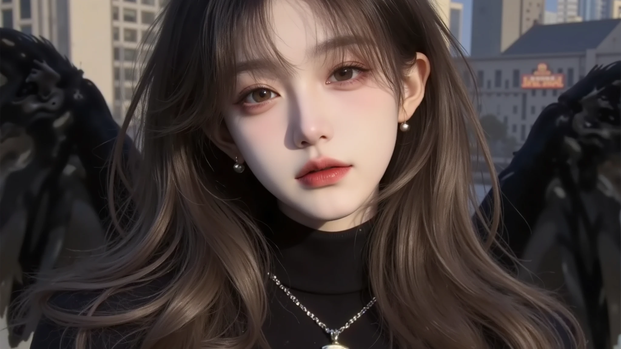 masterpiece，quality，Best quality，official art，（Beauty and aesthetics：1.2），（masterpiece：1.3）， （8K， Realistically， RAW photo quality is the best： 1.4）， Beautiful face， （Realistic face），Ultra-high resolution， Ultra-realistic photos， The content is very detailed， Golden Ratio， （Energetic：1.aturation：1.3），Unreal Engine， (High Detail: 1.9)，（woman：1.exy body），Mature woman，Black wings background of future city，Medium portrait，drama，（magic），（middle Ages：1.8）