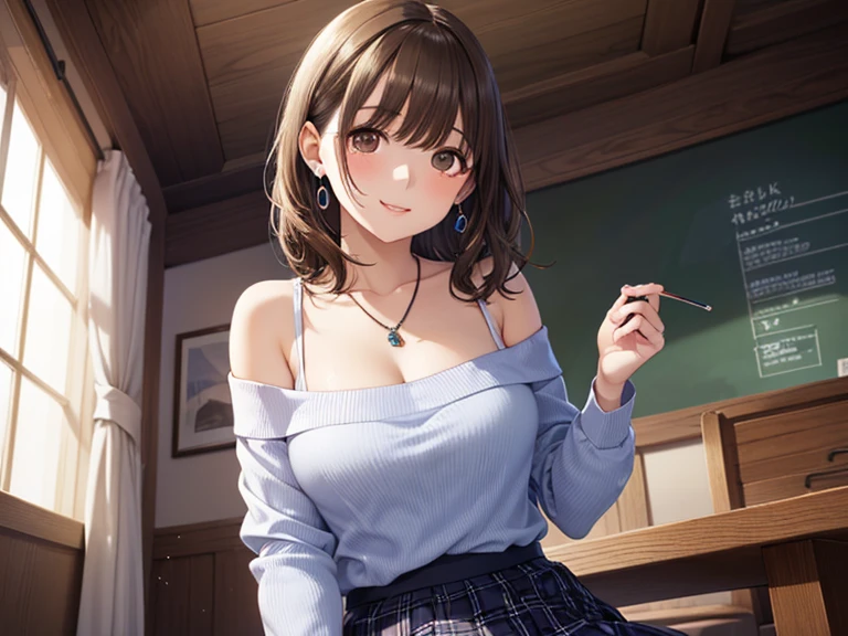 very cute and beautiful girl,(highly detailed beautiful face and eyes),wavy mid-length hair,bangs,black hair,
(shy smile),(blush:1.2),looking at viewer,perfect body,
(female teacher,earrings,necklace,light beige open neck sweater,cleavage,dark blue flared skirt,black knee-high stockings),
arms behind back,leaning forward,looking up,from below,
(best quality,masterpiece),absurdres,highres,ultra-detailed,extremely detailed,32k,8k resolution,
intricate details,cinematic scene,detailed background,solo,dynamic angle,