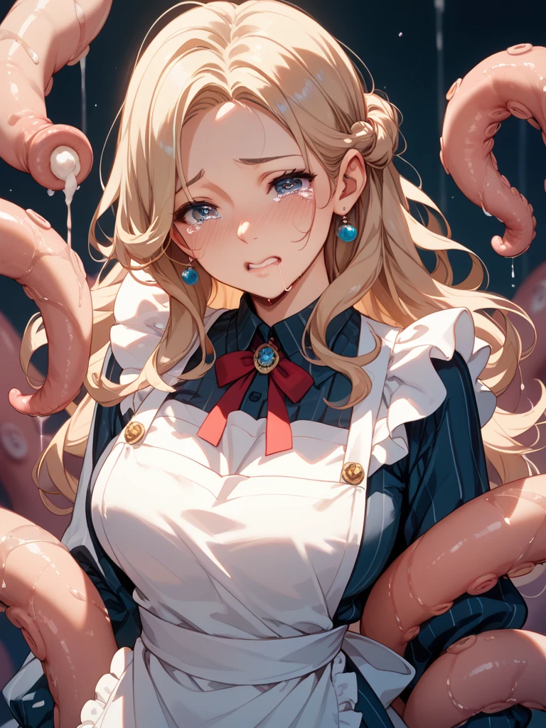 (woman),(((Octopus Tentacles))),(((intense orgasm:1.1))),(tears:1.2),(Sweat:1.3),((at the church:1.1)),(((skirt,panty))),(button-down,wearing shirt),(clothing),(leaning behind),((nsfw)),((Squint eyes:1.3)),(embarrassing,blush:1.3),Japanese anime,masterpiece, Highest quality, Very detailed, Dynamic Angle, ((Perfect hands)),Great background, Meaningful Background, Absurd background, Artistic Overlays,panty,white haired woman,red eyes,
