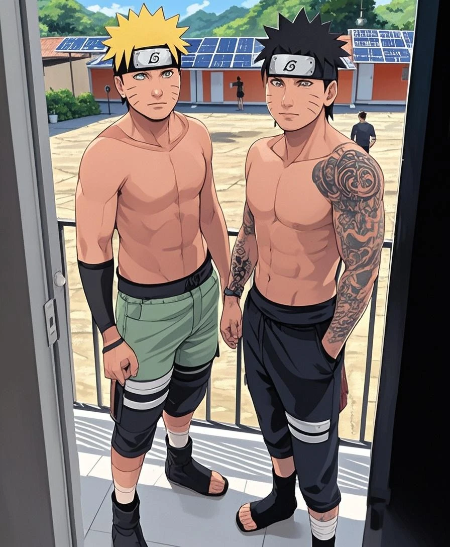 Create Naruto Uzumaki wearing a man's thong without clothes and with sauke next to it.