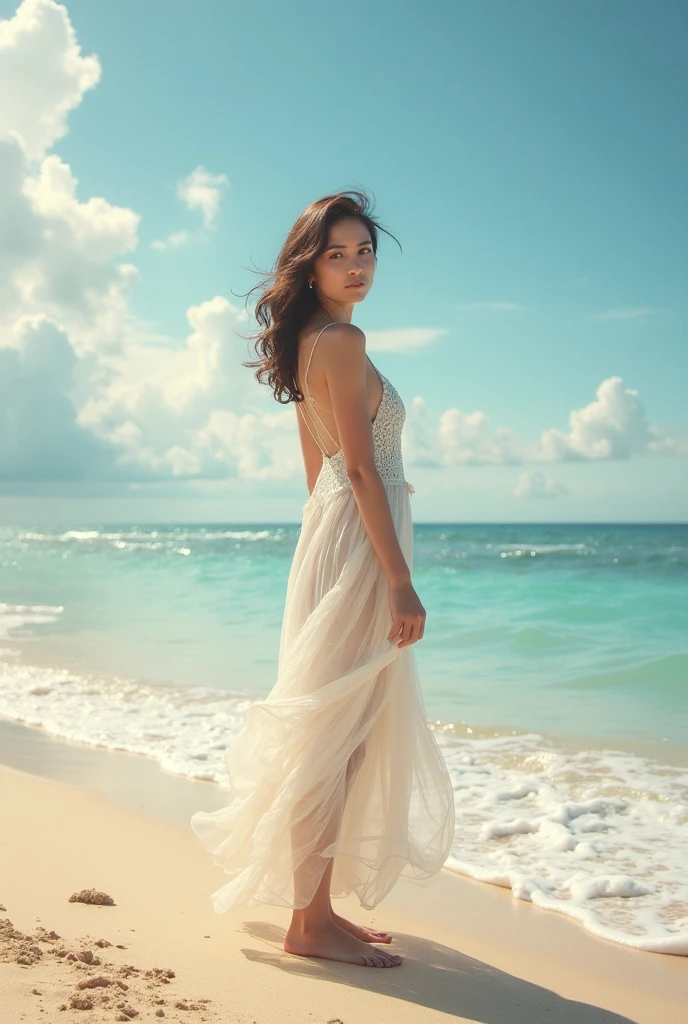 a beautiful young woman standing on a beach, surrounded by friendly animals, serene ocean waves in the background, detailed facial features, long flowing hair, elegant dress, sunlight glowing on her skin, photorealistic, cinematic lighting, vibrant colors, highly detailed, masterpiece