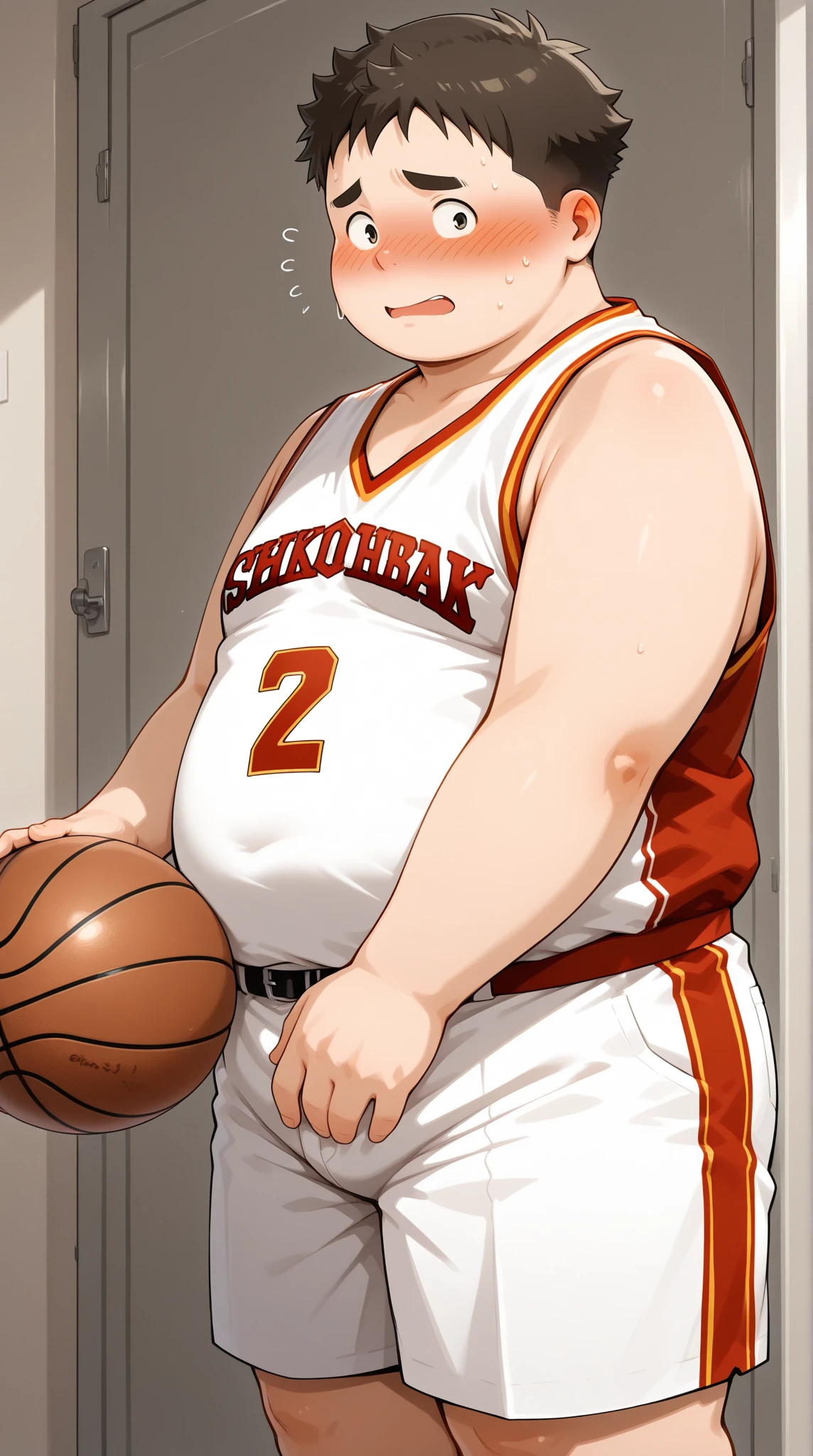 Height 1.6m,Fat 12-year-old boy weighing 75 kg,Leave an inch,Wear a blue basketball suit。 --auto