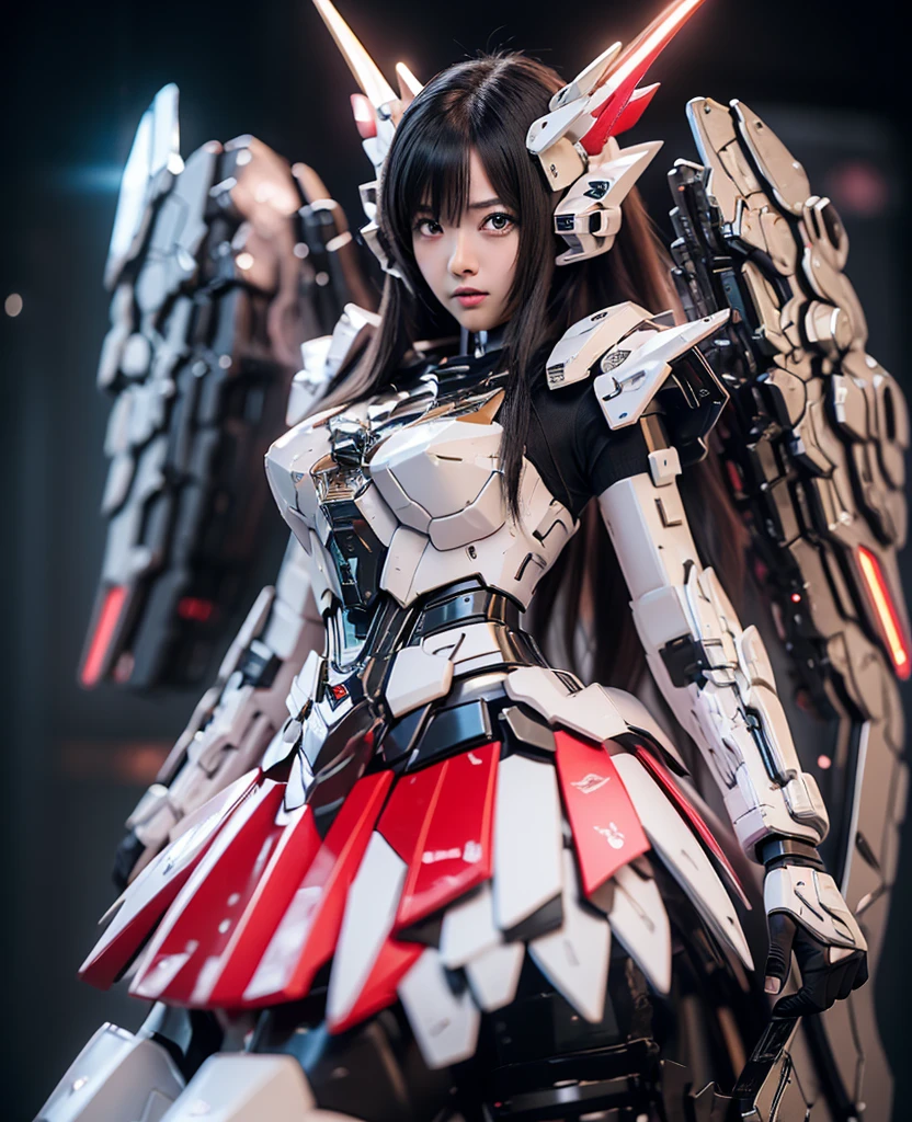 {(japanese young girl)}, {japanese girl wear maid clothes with white frills}, wears a futuristic Gundam mecha,(Gundam style), with headgear, with v-fin , armored shoulders,armored under arms, armored under legs, full body:1.5, battle pose,Pose that uses the whole body,
cute, (cute:1.2), (bob cut:1.3),Braid, Black Hair, Thick eyebrows, Light-colored irises, Big, bright black eyes, Long eyelashes, Small, light-colored, natural lips, (Average face of Japanese idols), (The uniquely Japanese childlike face:1.3), (baby face), Wide forehead:1.2, Plump Cheeks, Small jaw, open legs, spread feet, visible side boob, (mechanical wings), holding weapon,holding huge weapon, holding Very large shield,looking at viewer,Focus on the eyes ,
3D rendering,
Small robot,
portrait female anime,
cute 3d anime rendering,
cute detailed digital art,
mini cute mech,
3D rendering stylized,
3D rendered character art 8k,
cute digital painting,
Anime style 3D,
Super detailed rendering,
weapon in hand,