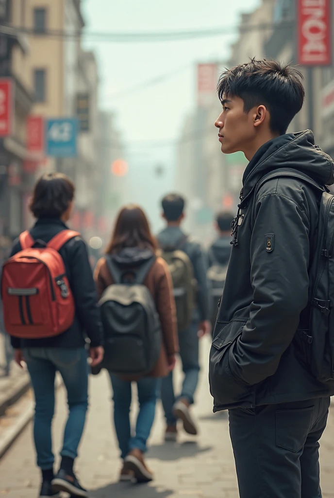 Male boy 15-year-old boy walks the streets of a university looking in different directions lost looking for something