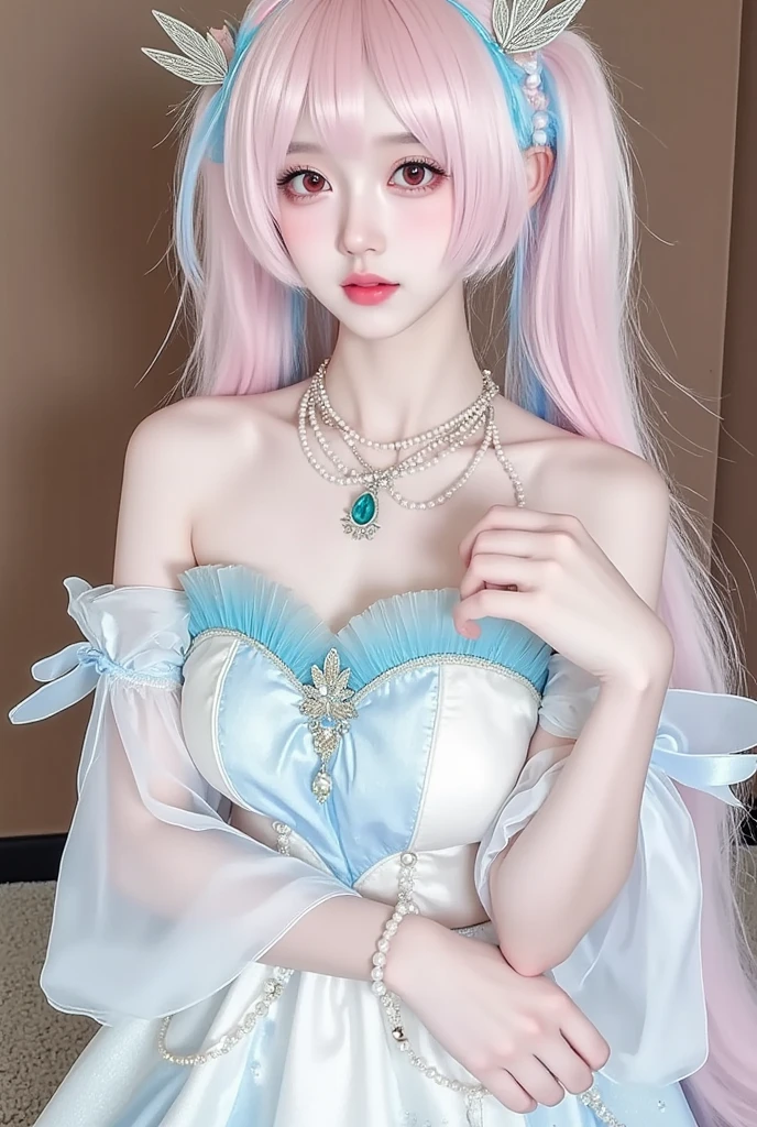 Girl with blue-pink hair and peacock feathers, Inspired by Ming Yanchun, Computer Graphics Association, 🌺 style of anime. 8K, Anime style 3D, Very popular on cgstation, 8K high quality detail art, Gouves style artwork, fantasy art style, realistic anime 3D style, Anime inspiration, anime style mixed with fujifilm,showing waist,cropped shoulders,Sexy and feminine,A little cleavage,a pair of long ones, White tights,Sparkling,Whole body diagram,ultra-realistic realism,Head-up shooting,Award-Awarded,perfect hand(perfect hand),It's a perfect face,The legs are a bit thick,sitted,Legs slightly bent